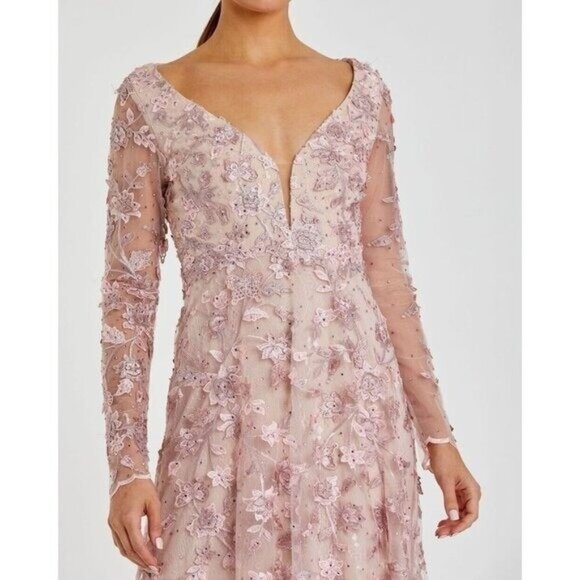 Mac Duggal Size 10 Pink 70224 Floral Applique Long Sleeve Illusion Gown Dress - Picture 2 of 12